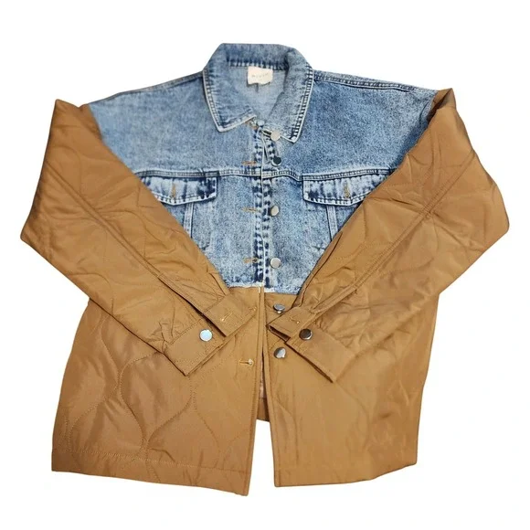 RIVIR Denim Quilted Combo Jacket Camel Blue Size S Button Front Long Sleeve - Picture 1 of 4